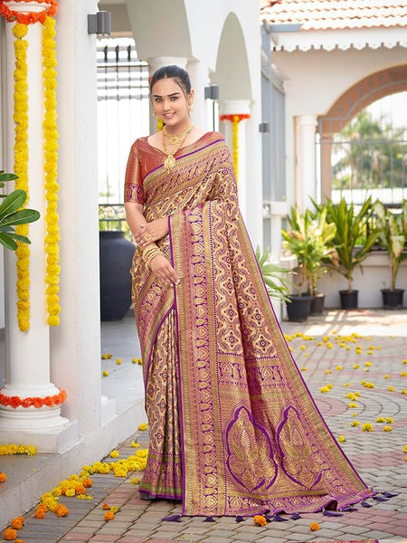 MANOHARI Women's Trendy Banarasi Woven Saree with Heavy Jacquard Work, Elegant Design, Silk Saree with Maching Lace Border Unstitched Blouse Piece for Weddings & Festive Occasions